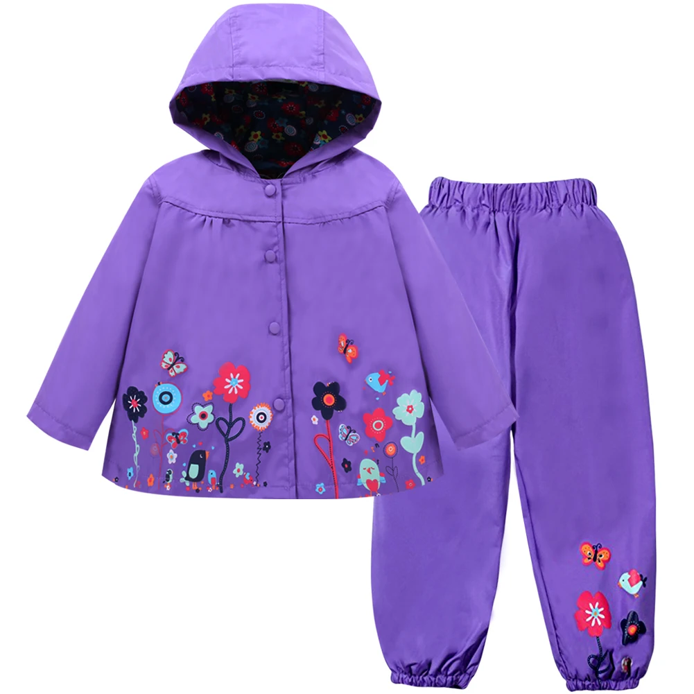 Autumn Spring 2PCS Children Clothes Sets Long Sleeve Waterproof Coat+Pants Toddler Baby Girls Boys Flower Print Raincoat Suits