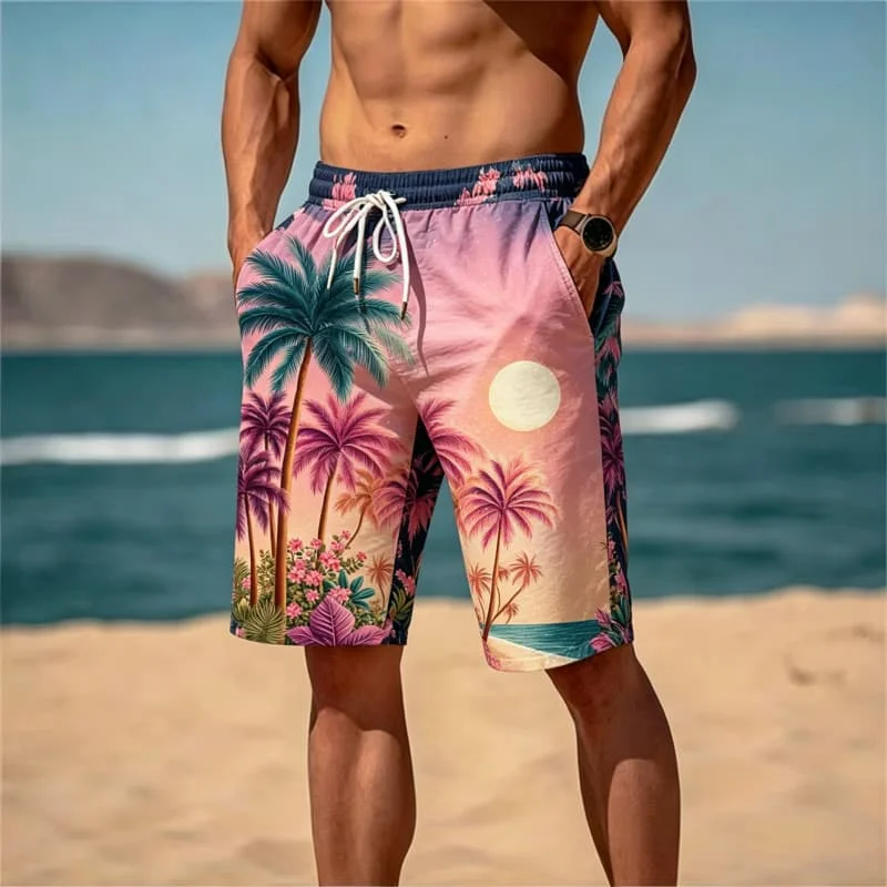 Men's tropical coastal printed quick drying beach shorts, lightweight casual version, for beach parties and casual gatherings