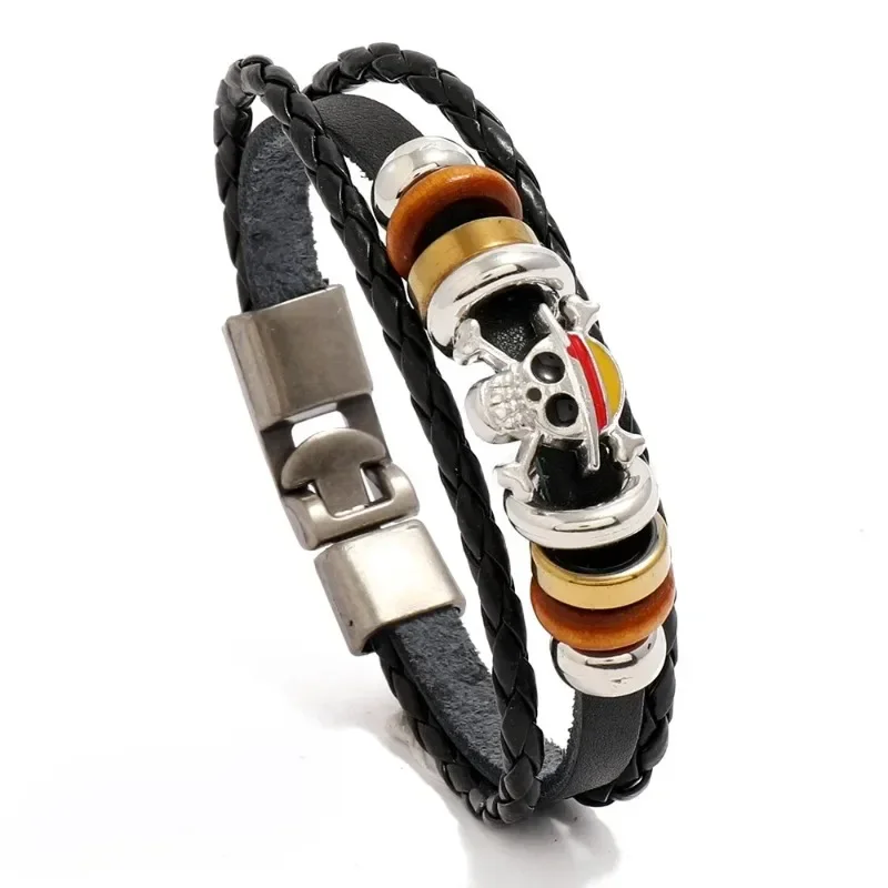 1Pc One Piece Luffy Pirate Bracelet Japan Cartoon Action Figure Toys Punk Black Leather Braided Punk Rock Bangles Bracelet Gifts