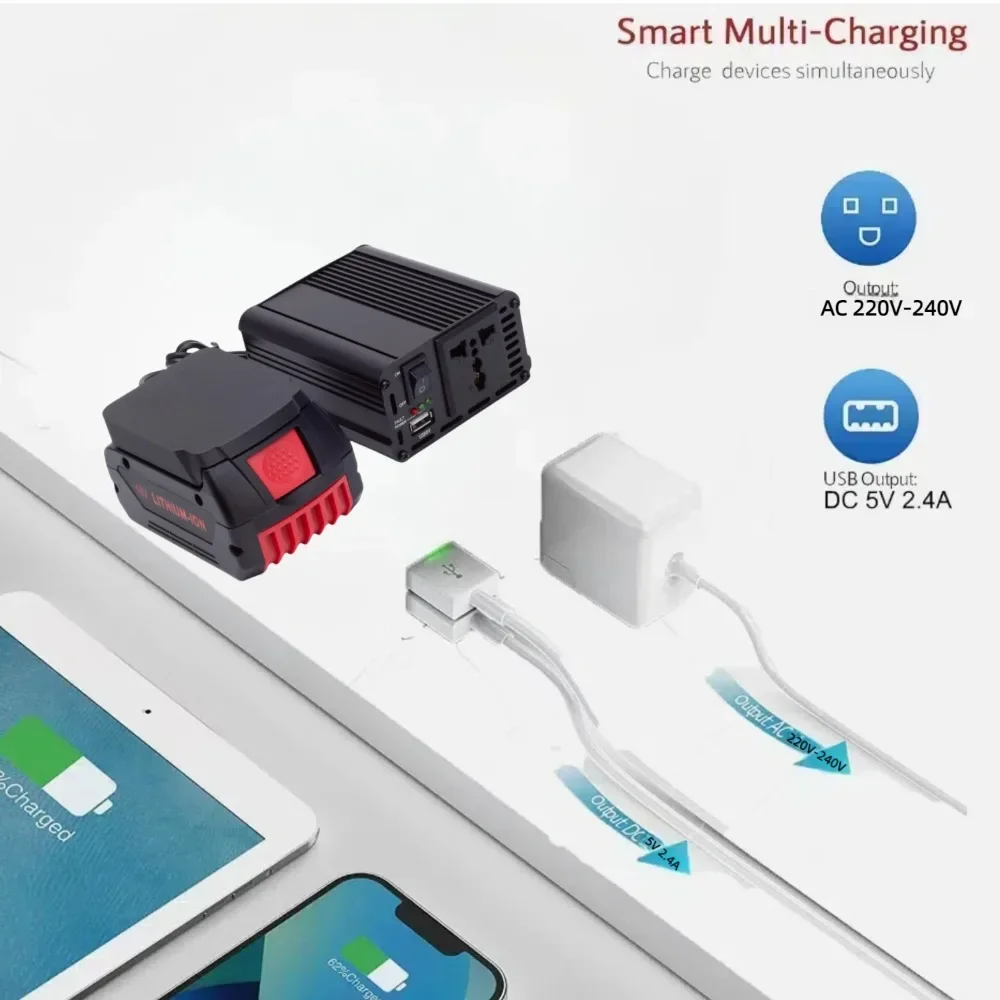 Adaptador de tomada de inversor de energia portátil 200W para íon de lítio BOSCH 18V, DC 18V para AC 220V alimentado com USB 5V 2.4A