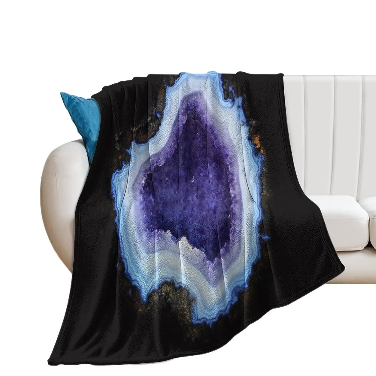 Geode Agathe Amethyst purple and light blue magic mineral rock slice in half with pastel purple and violet crystal Throw Blanket