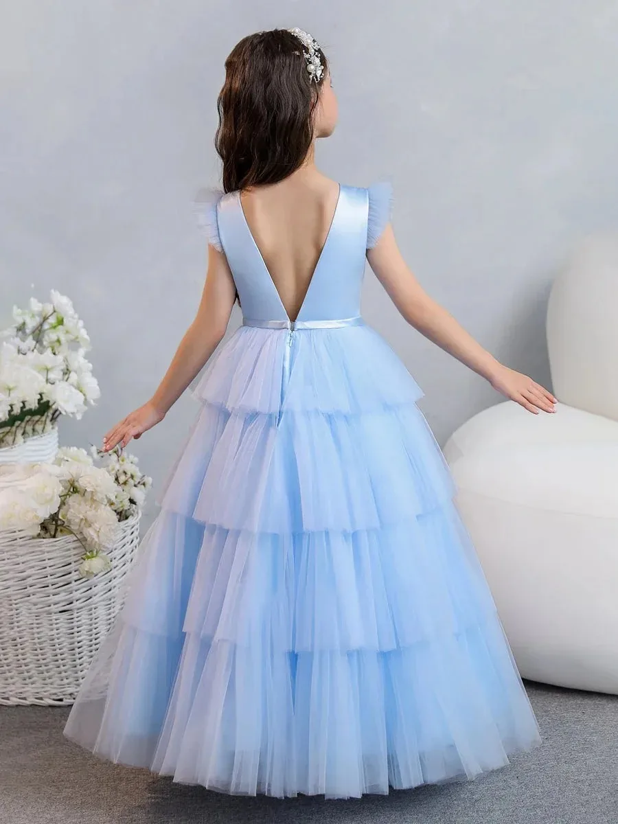 Customized Wedding Girls light blue satin tulle flower girl dress, multi-layered ruffle dress, wedding party dress, girls