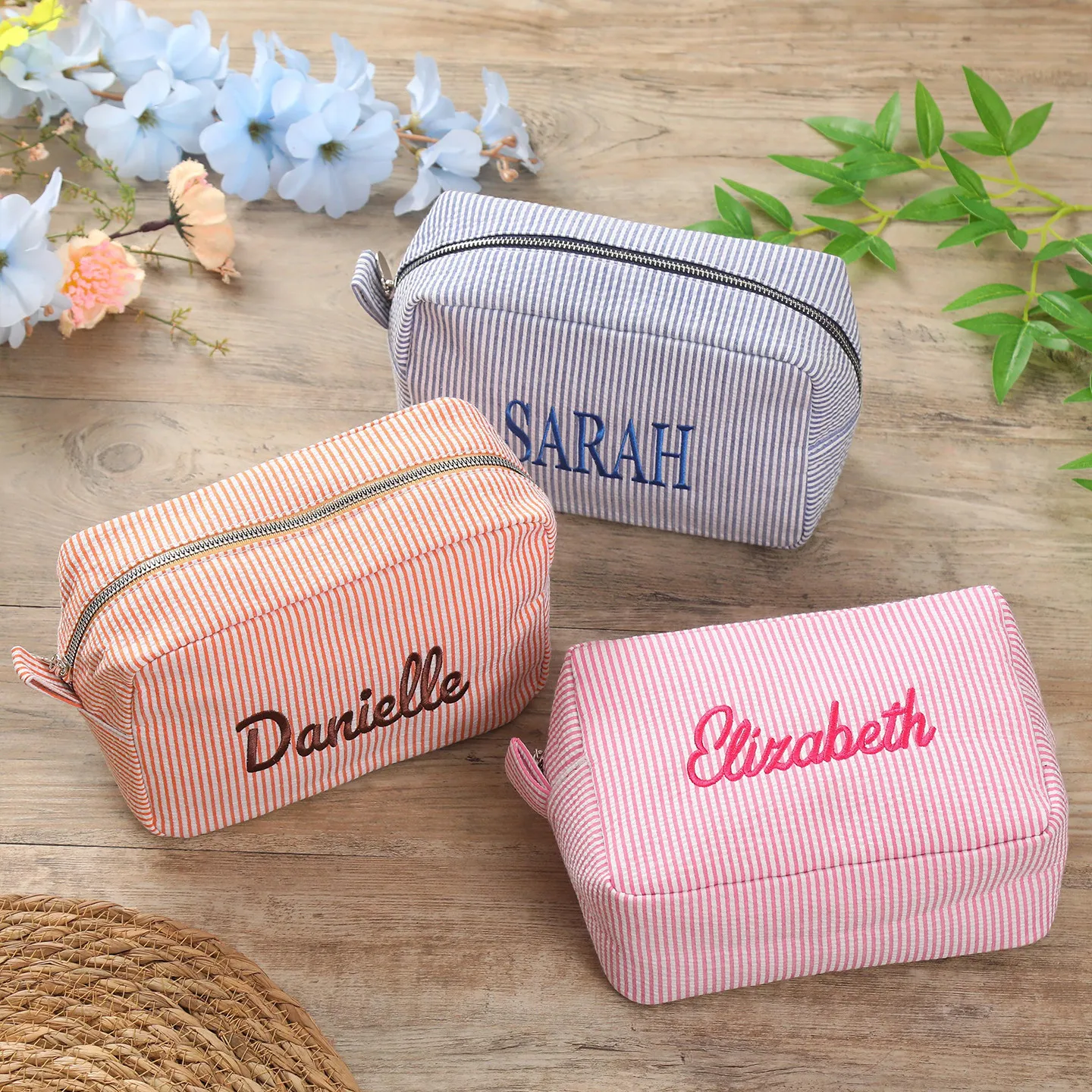 Personalized Striped Makeup Bag Custom Name Embroidery Cosmetic Pouch Travel Toiletry Organizer Gift for Women Girls Bridesmaid