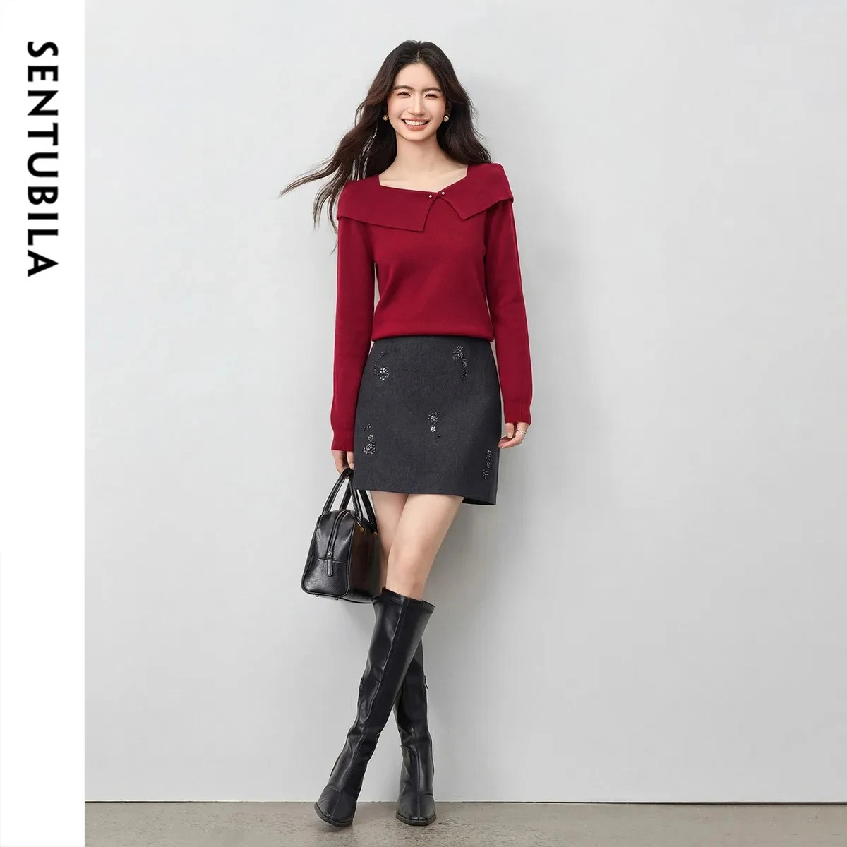 

SENTUBILA Women's New Year Red 2 Pieces Set 2026 Spring Wool Sweater A-Line Mini Skirt Fashion Elegant Female Suit 761ZF6710Z