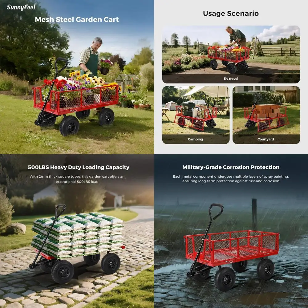 

Сверхмощная стальная садовая тележка с сеткой 500 фунтов, складной универсальный тележка со съемными боками, 10-дюймовые плоские шины, красный