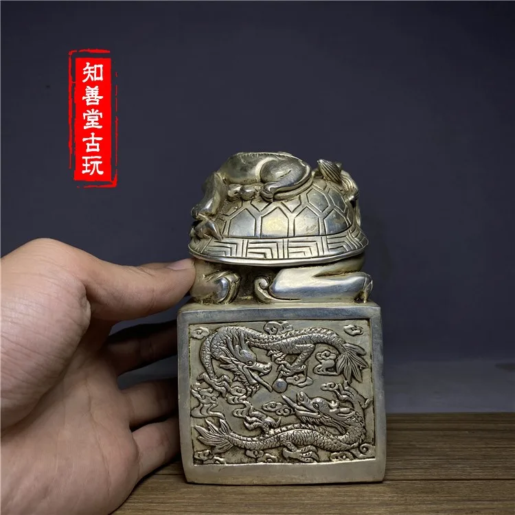 Pure copper imitation silver-plated Shuanglong seal ornaments collection