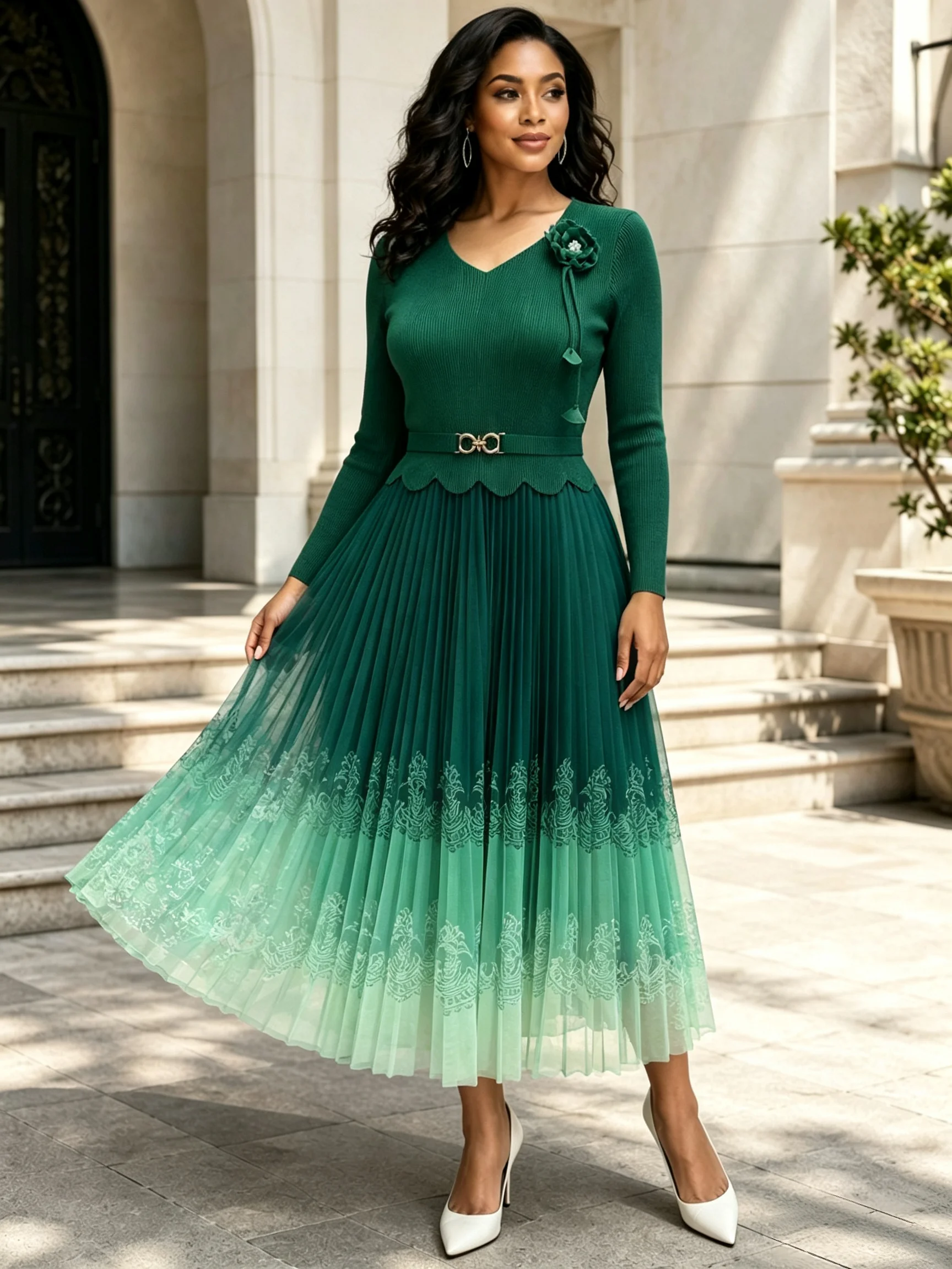 2026 Miyake new slim-fit large-size women's dress with pleats gradient color fashionable and elegant studded with sequins