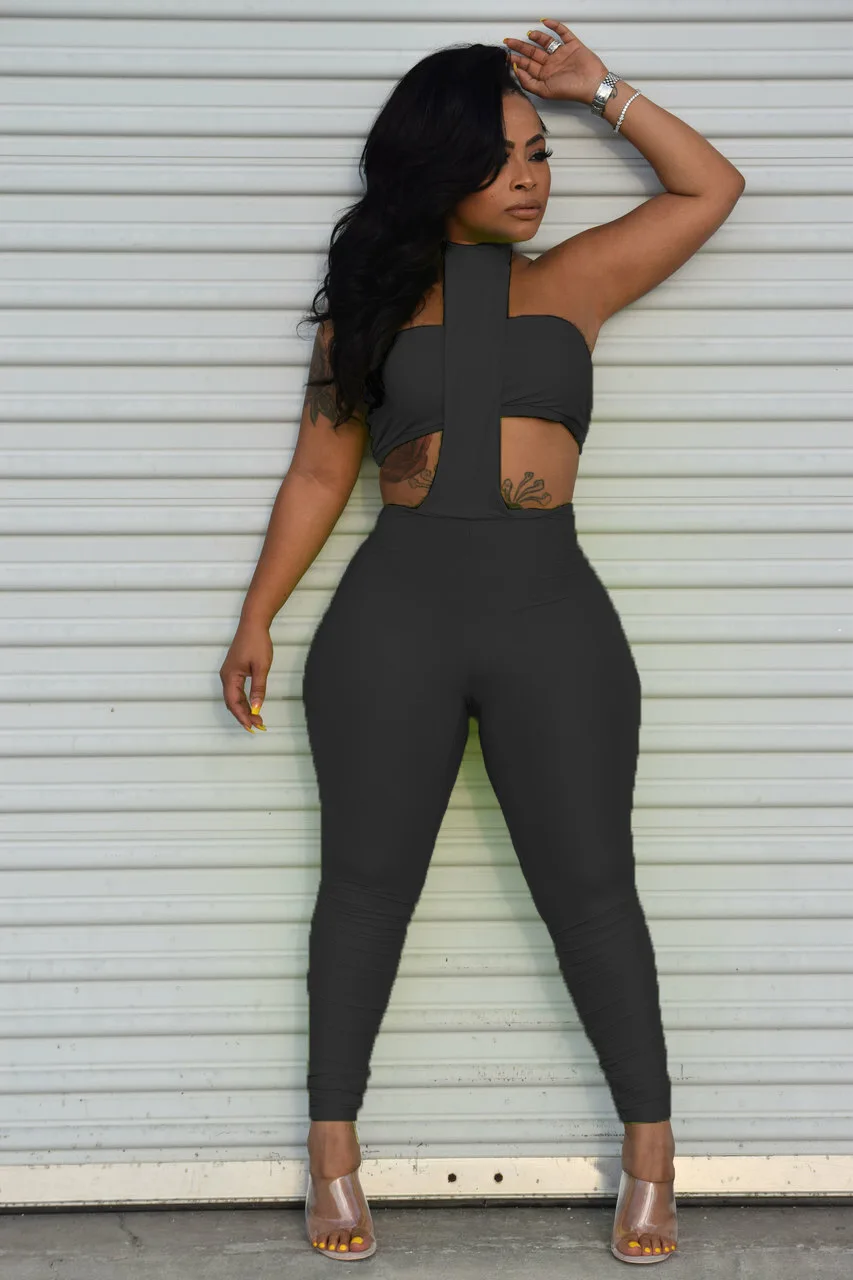 DSMTRC 2025 Frauen Stretch Tube Top + Skinny Halter Overall Fitness Straße Passenden Party Club Overalls Sexy Backless 2-stück Sets