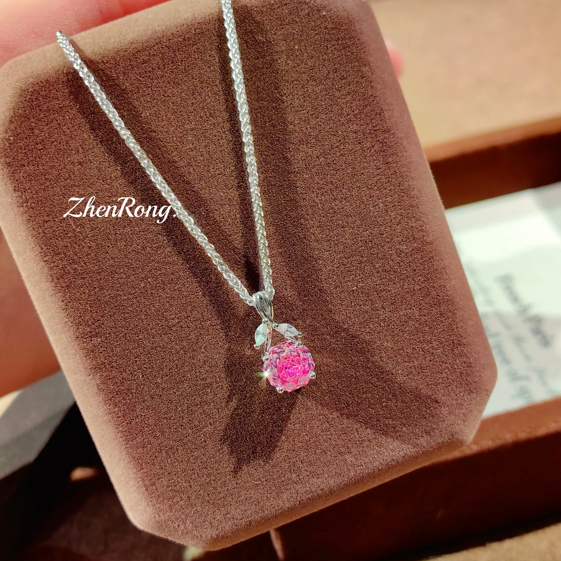 S925 Sterling Silver Ring Necklace Earrings Set Pendant Inlaid Rose Red High Carbon Diamond Colorful Girl