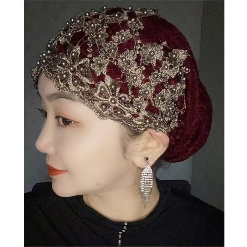 Cappello turbante con perline in pizzo cappello da donna musulmano con foulard pronto da indossare hijab interni traspiranti berretto estivo da donna