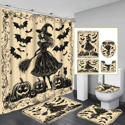 1/4PC Halloween pumpkin bat  witch shower curtain set,waterproof shower curtain and waterproof non-slip carpet,12free hooks