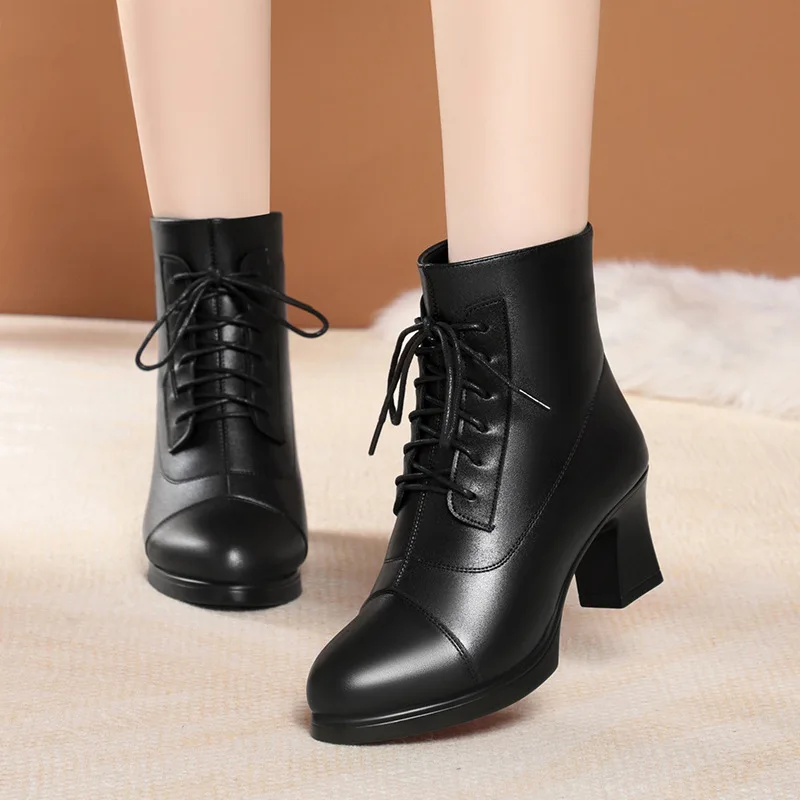 

6cm 9cm British Style WInter Elegant Women's Shoes Leather Short Ankle Boots 2025 Block High Heel Boots Motorcycle Boots Office