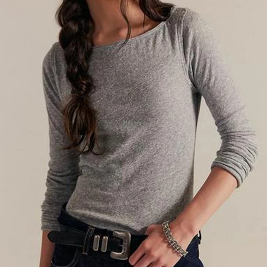 Camisetas clásicas simples de manga larga para mujer, camiseta ajustada y elegante de color sólido con cuello redondo y manga larga para otoño