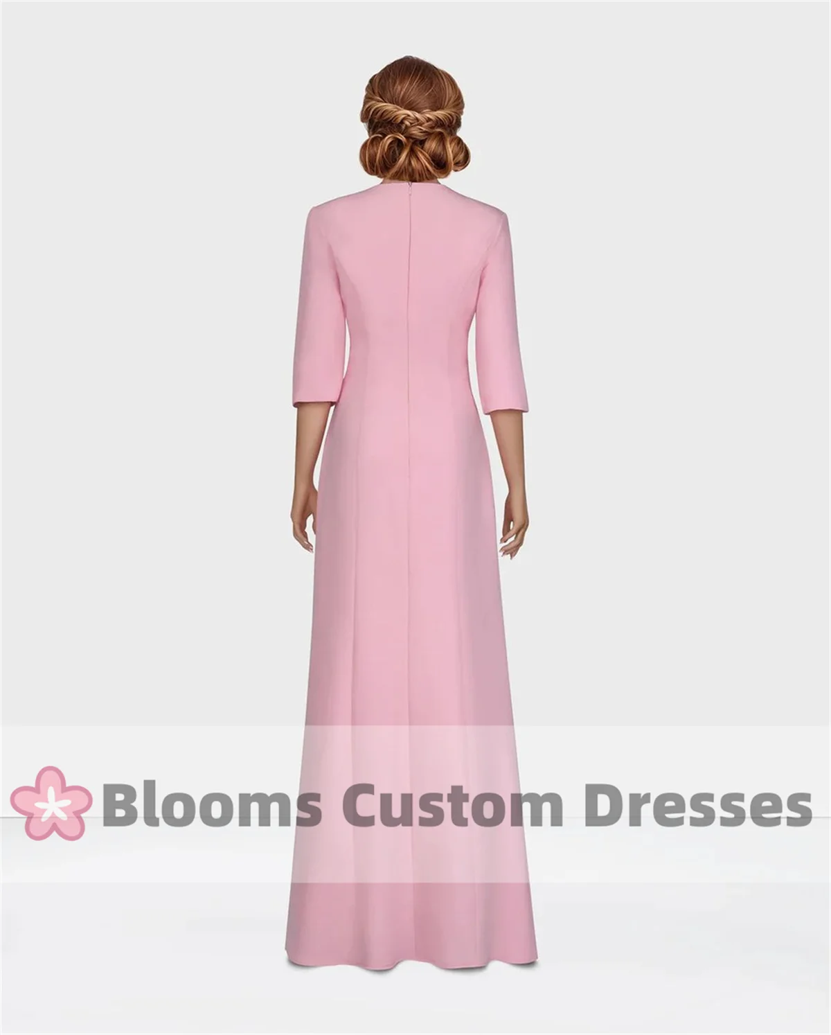 Blooms Pink Crepe Customized Beaded Evening Dresses 3/4 Sleeves Foor-length Elegant Prom Dress Cocktail Wedding Party Gown