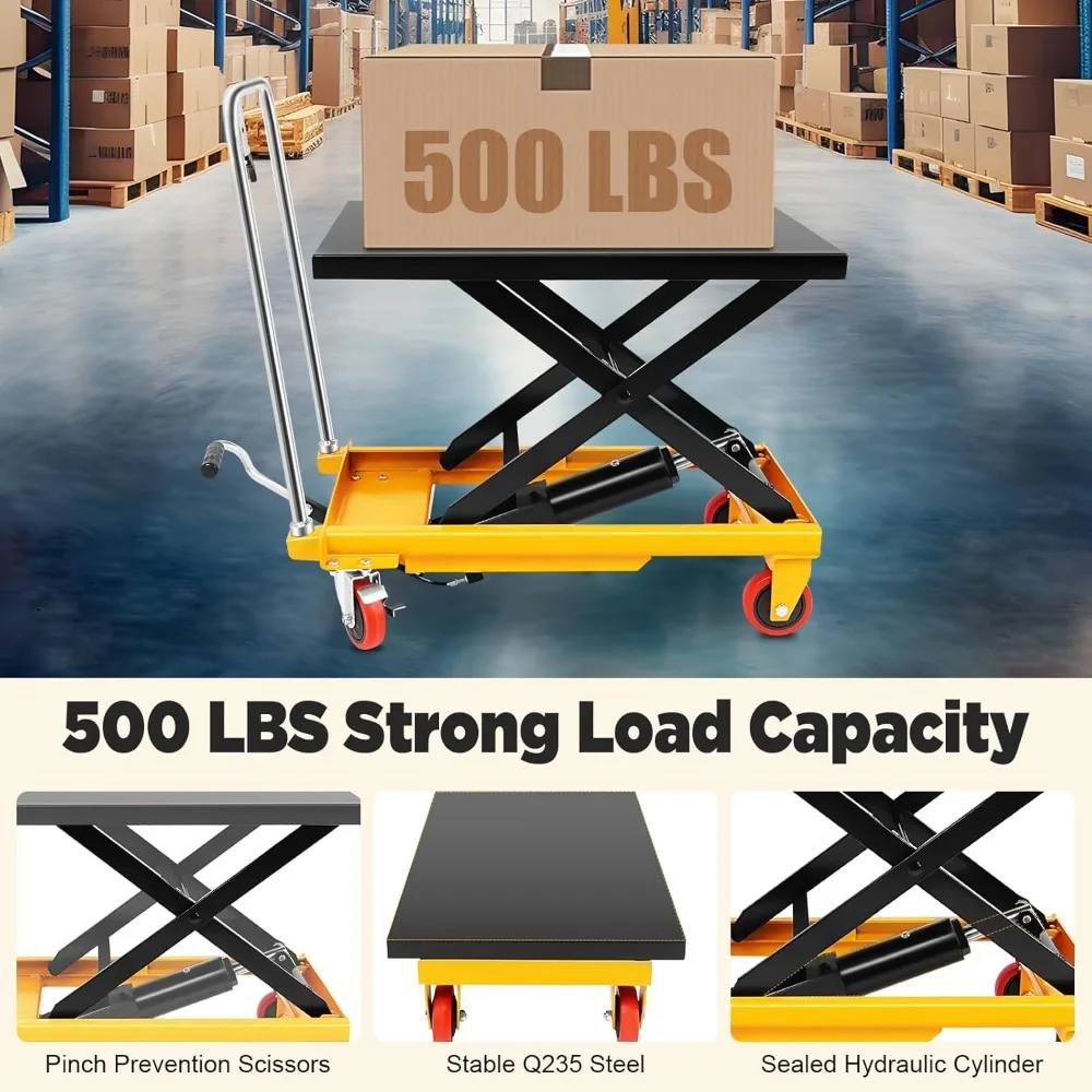 Hydraulic Cart Lift Table, 500Lbs Manual Double Scissor Lifts Table with 4 Wheels, 45 Lifting Height Hydraulic Lift Tables for M