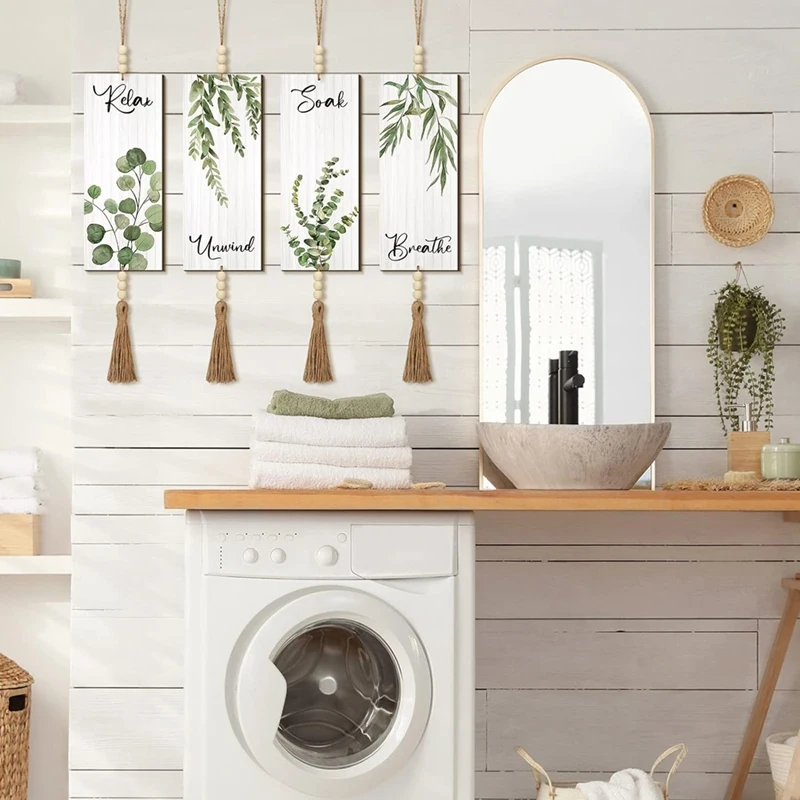 4 Pieces Boho Wall Decor For Bathroom 12 X 5 Inch Relax Soak Unwind Breathe Bathroom Signl Farmhouse Hanging Wall Art