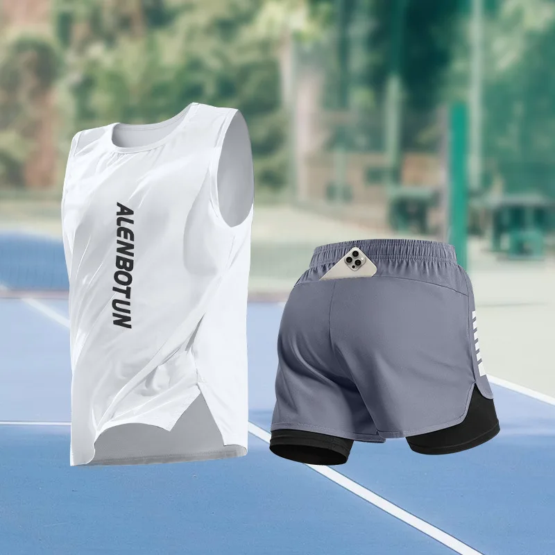 Conjunto esportivo masculino para corrida, verão, nova chegada, treinamento de maratona, roupas fitness, profissional, secagem rápida, regata e short 