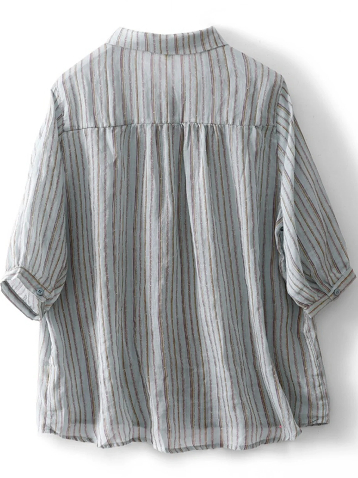 Retro Flannel Stripe Shirt Women Summer Fashion Loose Versatile Turn-down Collar Cotton Linen Seven Sleeve Tops - view 4