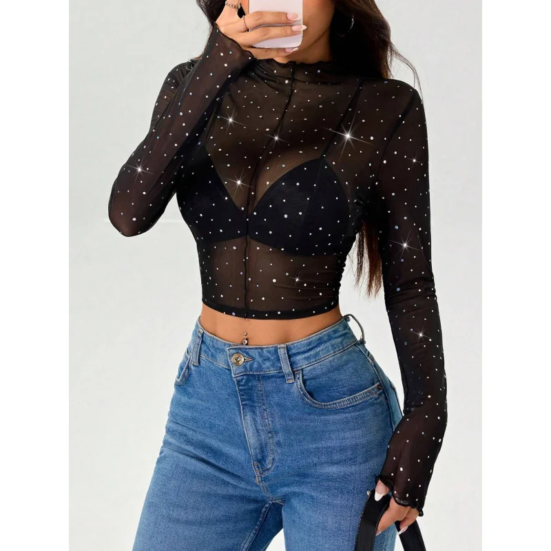 Long Sleeve Mesh Transparent Sequin Decoration Women's T-shirt 2026 Autumn and Winter New Women's Small Stand Collar Shirt