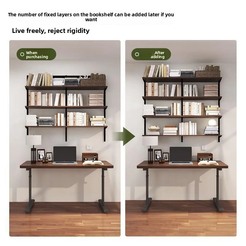 Adjustable solid wood bookshelf, electric lifting table combination multi-layer Japanese rack, household finishing rack