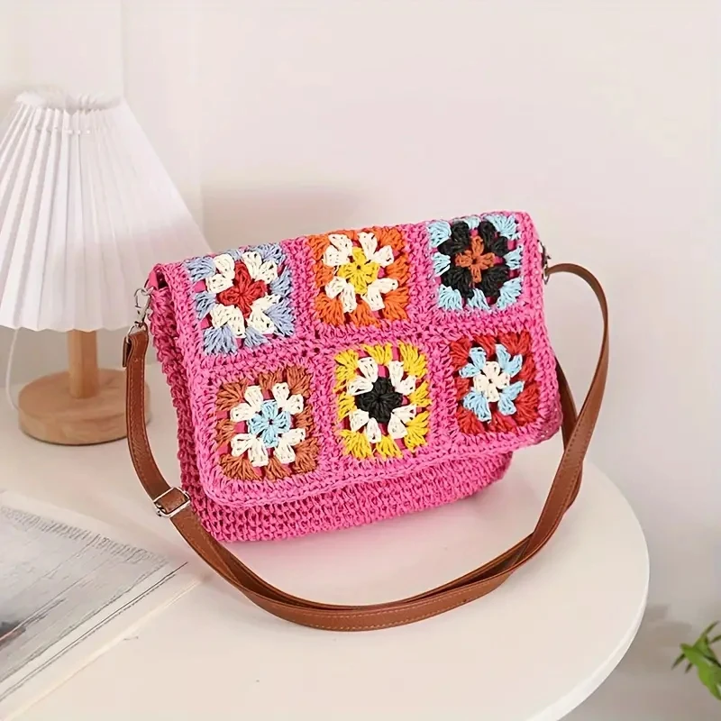 bohemian granny square straw shoulder bag for women handmade weave crossbody bags casual summer beach big flap vacation purses