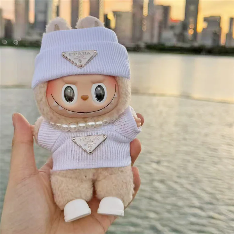 For Labubu15/ 17cm Doll Outfit Clothing Retro Inverted Triangel Sweater Clothes Necklace Headset Glasses Shoes Set Accessories