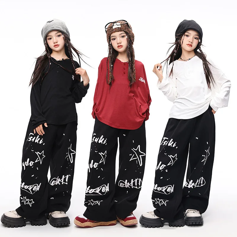 

Kid Hip Hop Clothing White Loose Fit T Shirt Black Casual Print Wide Sweat Pants for Girl Boy Jazz Dance Wear Costumes Clothes