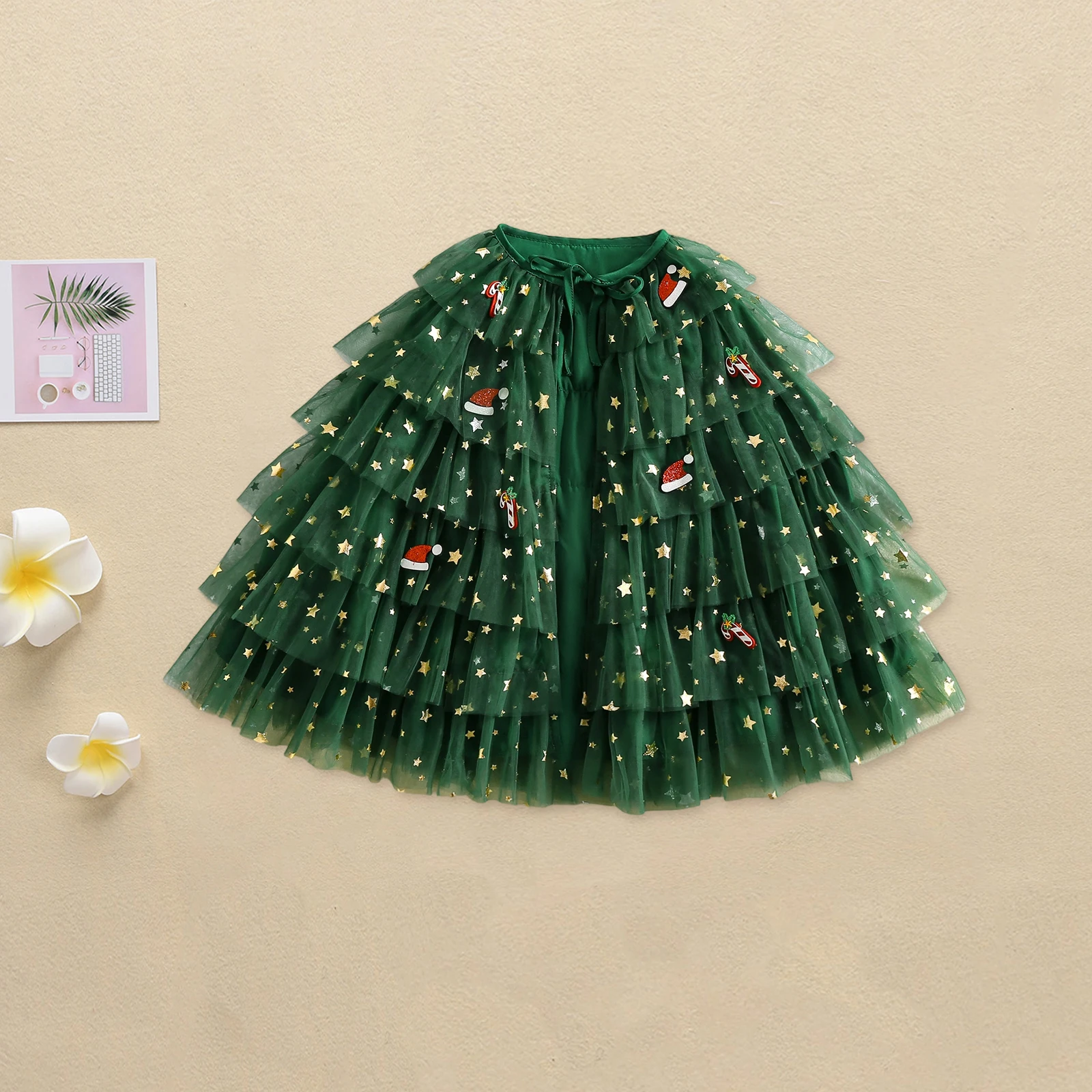 عباءة عيد الميلاد من التول للأطفال والبنات سانتا كلوز قصب الحلوى المتدرج وربطة الكعكة الأمامية #6