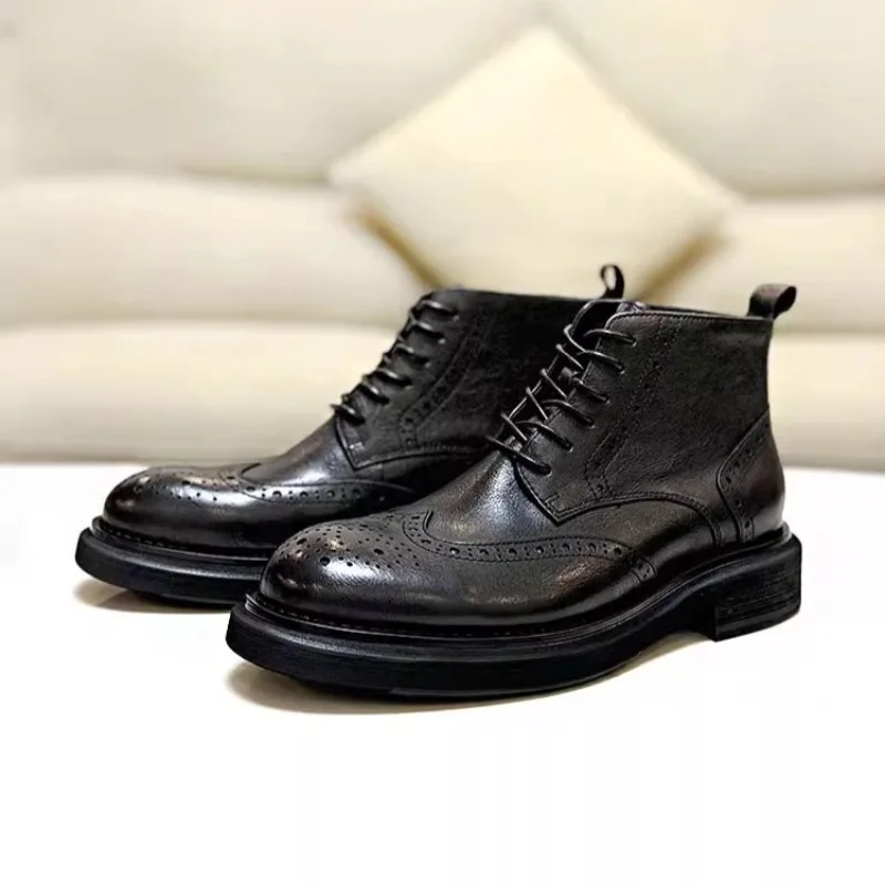 

Мужские осенне-зимние повседневные высокие туфли из натуральной кожи для деловых поездок, мужские рабочие ботинки челси, ботинки для верховой езды в британском стиле