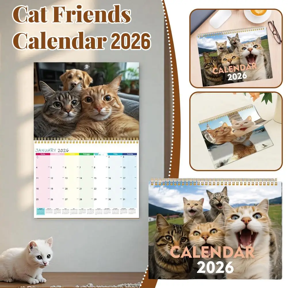2026 Home Office Desktop Wall Calendar Funny Cute Cat Pattern Spiral Bound Daily Planner 2026 Cat Themed Decor Calendar