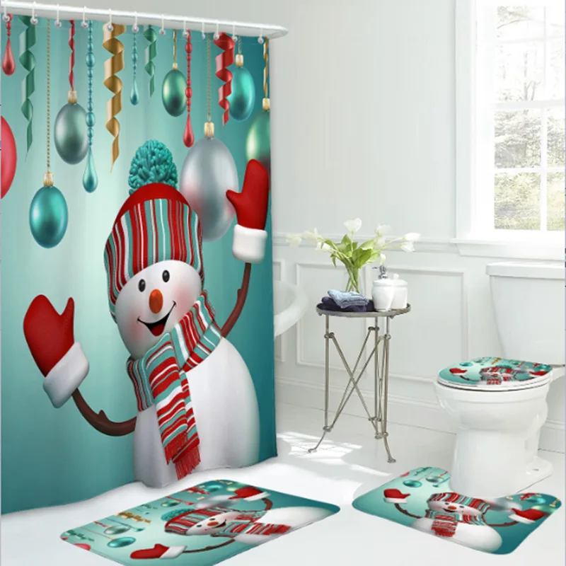 1/3/4pcs Navidad Shower Curtain for Bathroom Christmas Decor Red Santa Xmas Polyester Cartoon Printed Bath Curtains Non-Slip Mat