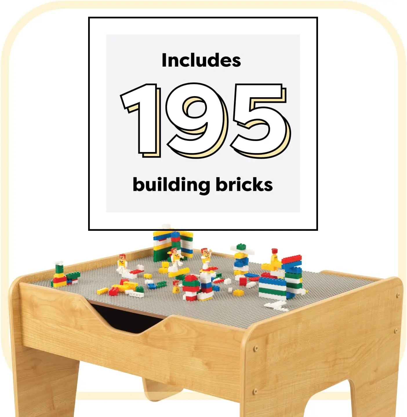 Reversible Wooden Activity Table with 195 Building Bricks, Gray & Natural, Gift for Ages 3+