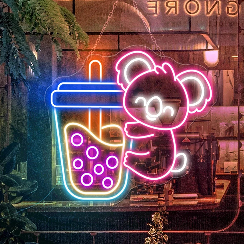 Custom Bubble Tea Neon Sign Cute Anime Bear Neon Signs Milk Tea Led Light But First Boba Neon Coffee Shop Welcoming Night Lights