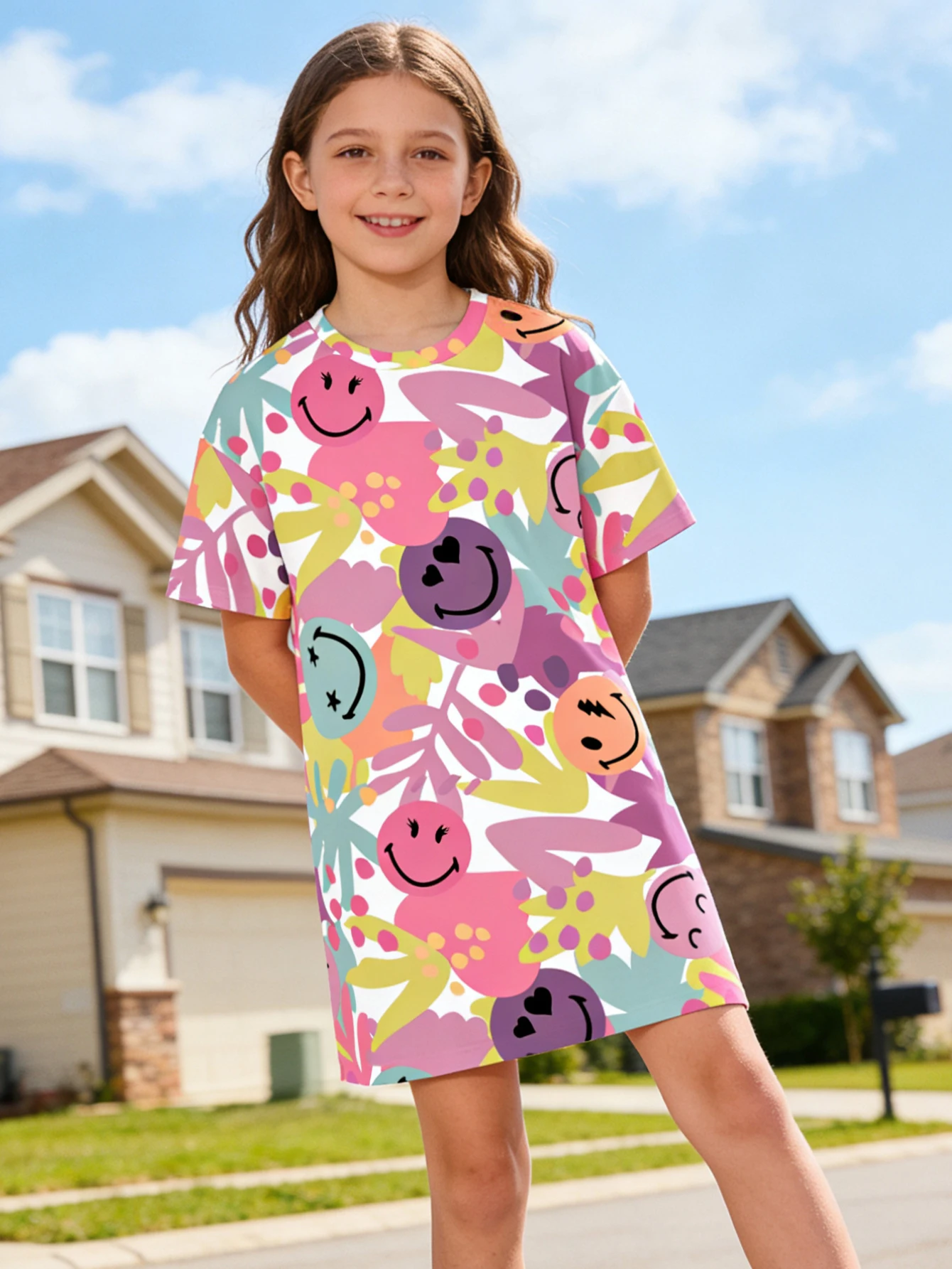 

2026 girls geometric smiley face print medium and long short-sleeved T-shirt, loose summer casual fashion top