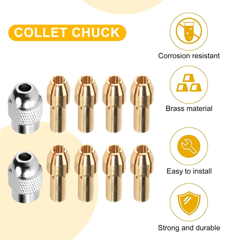 

A05E-10Pcs Brass Collet For Dremel,Replacement 4485 Quick Change Rotary Drill Nut Tool Set 0.8/1.2/1.5/1.8/ 2.0/2.4/3.0/3.2Mm
