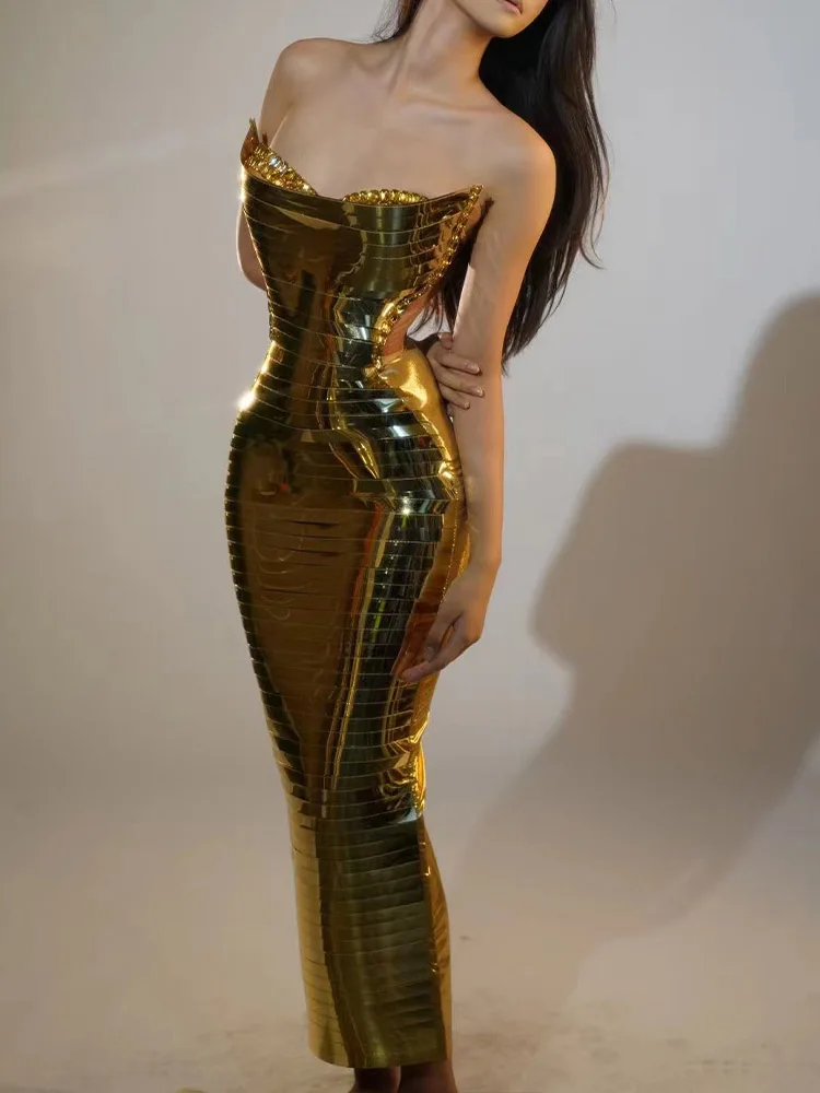 High Quality Gold Sequin Sexy Chest Wrapped Dress 2024 New Fashion Custom Women'S Clothing