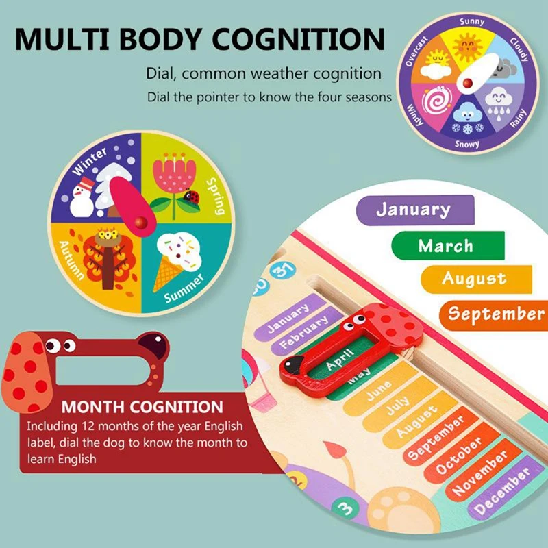 ساعة تقويم طقس للأطفال ألعاب خشبية ، إدراك للوقت ، أدوات تعليمية تعليمية لمرحلة ما قبل المدرسة ، ألعاب أطفال