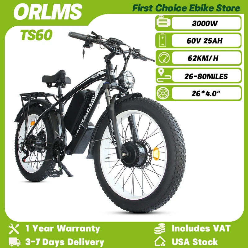 

ORLMS TS60 Ebike 3000 Вт, двойной двигатель, 60 В, 25 Ач, аккумулятор, электрический велосипед для взрослых, 26*4,0 дюйма, гидравлические дисковые тормоза с толстыми шинами, электрический велосипед