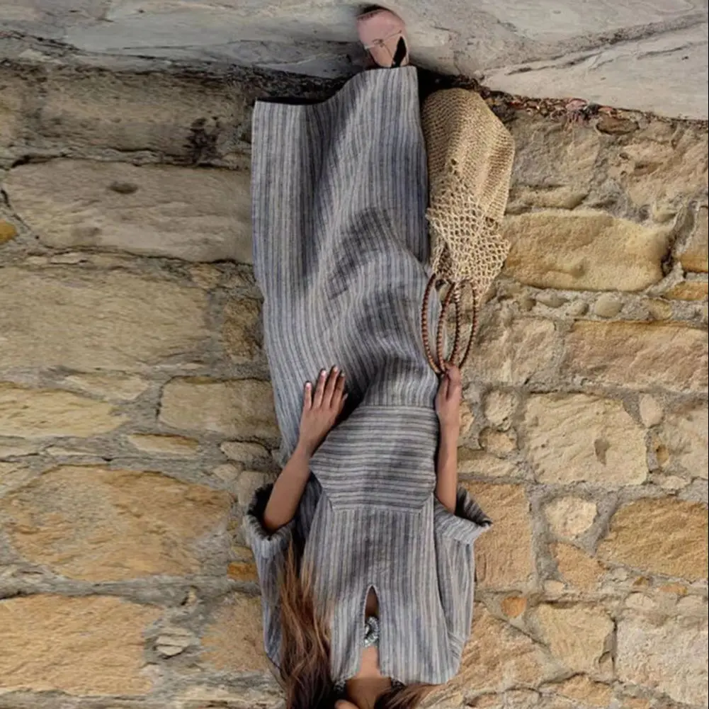 

2226 Plus Size Women Boho Striped Cotton Linen Dress Short Sleeve Beach Maxi Dress Cotton Linen Yarn-dyed Striped Long Dress