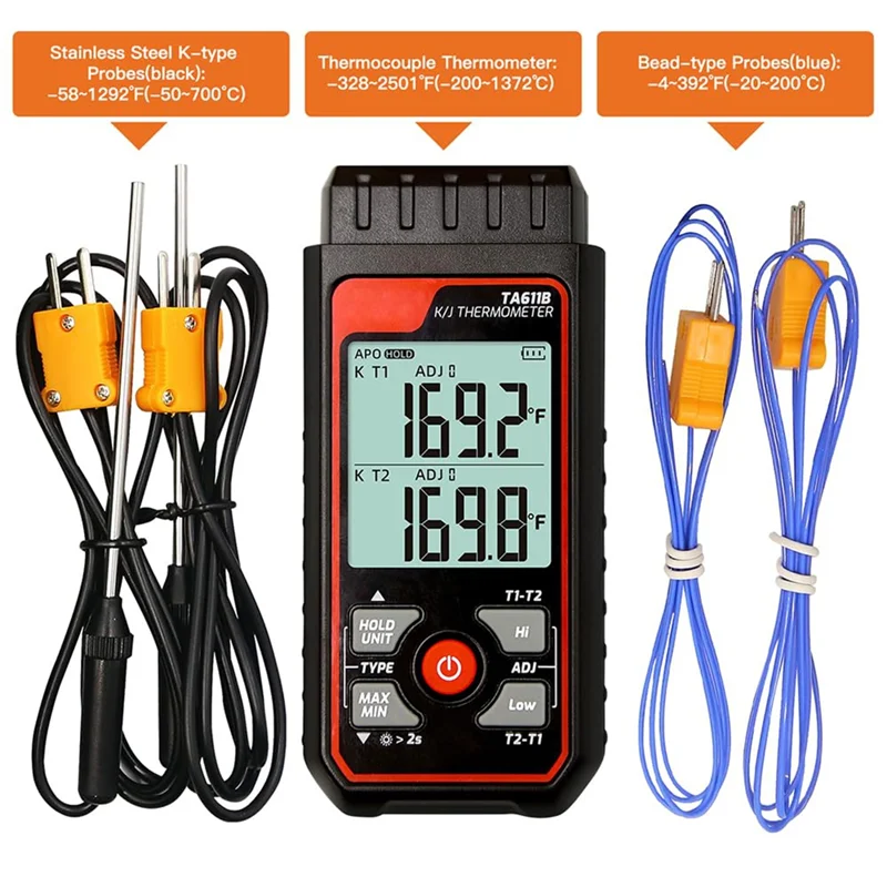 ABKP-Digital Thermocouple Thermometer Dual Channel K/J Type Thermometer-328- 2501℉Wide Range Industrial HVAC Temperature Meter