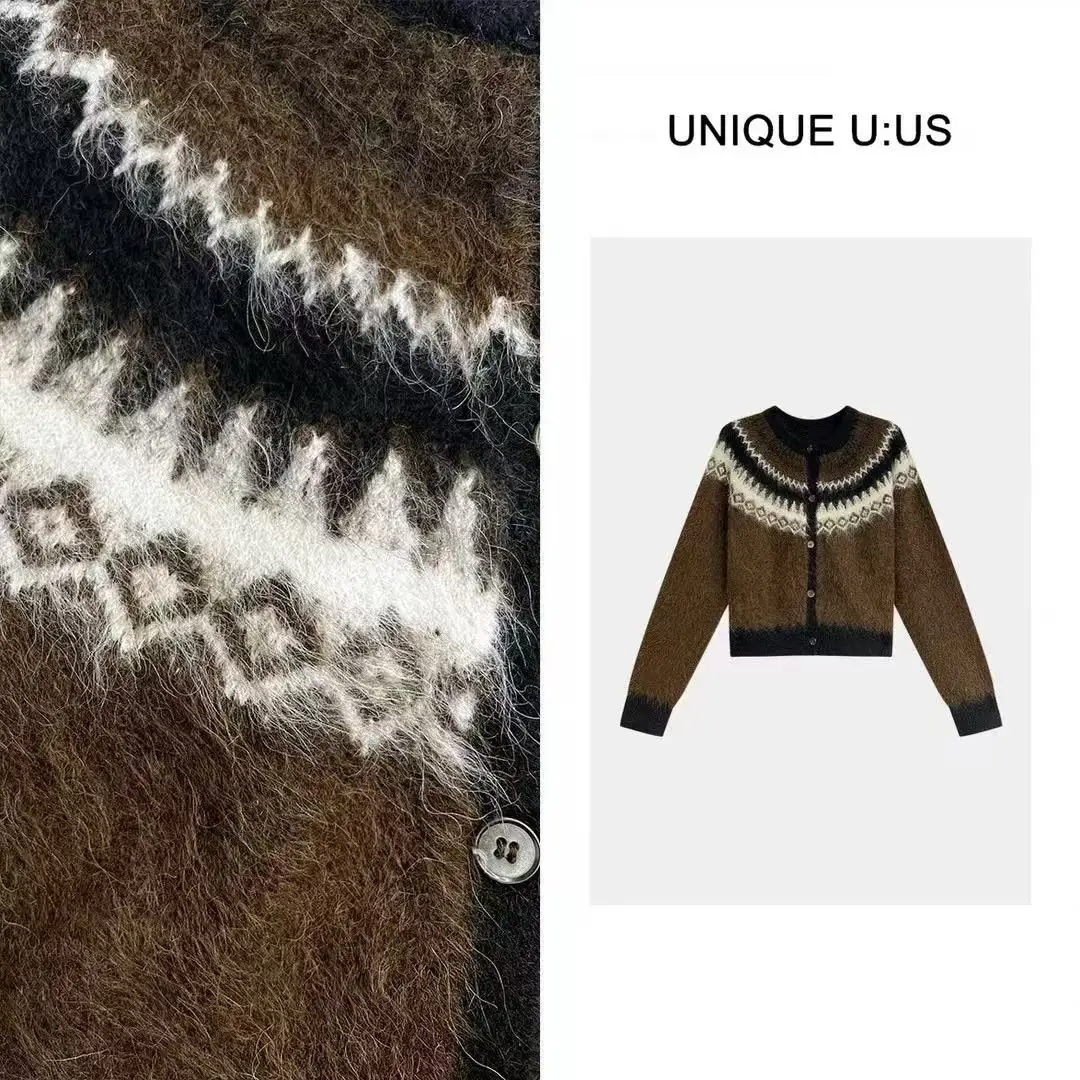 Button Up Fair Isle Pullover Strickjacke Weiche Strickpullover Jacke Geometrischer Druck Gemütliche Strickwaren Teen-Mädchen Herbst Winter Vintage Outfit