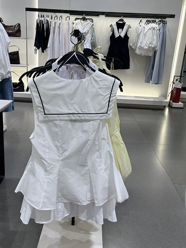 Letnia Nowa Słodka Sukienka Damska Bez Rękawów z Kołnierzykiem Marynarskim Ozdobiona Węzłem Mieszanka Jedwabiu Długość Midi Prosty Krój