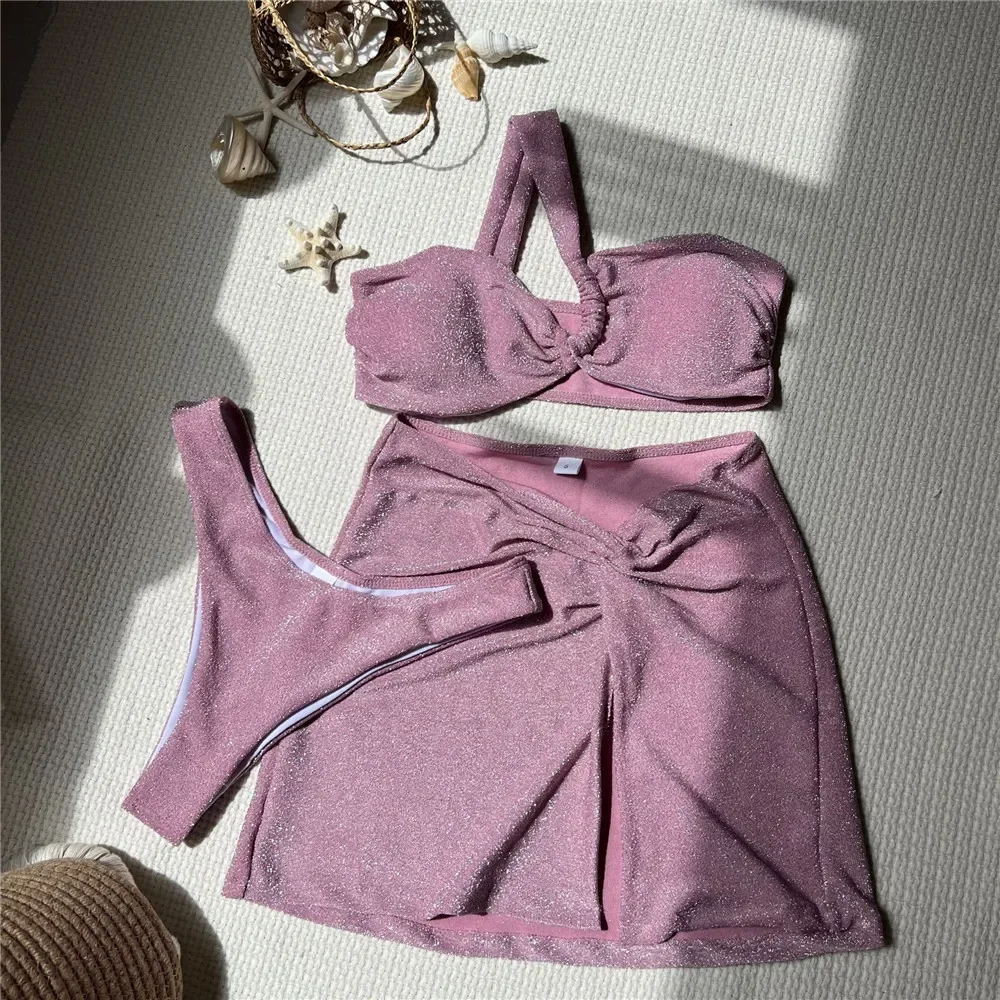 เงาสีเขียวอ่อนหนึ่งไหล่ชุดว่ายน้ําชุดบิกินี่ 3 ชิ้นชุดว่ายน้ําเซ็กซี่ผู้หญิง 2025 Bandeau บิกินี่ Mujer Beach Wear