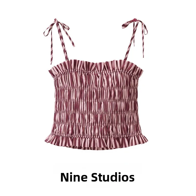 Top Corto Casual a Rayas con Tirantes y Pliegues para Mujer, Corte Ajustado, Modelo 4661121, Marca NINE ZAR, Prenda Interior con Forma de H, Mezcla de Poliéster