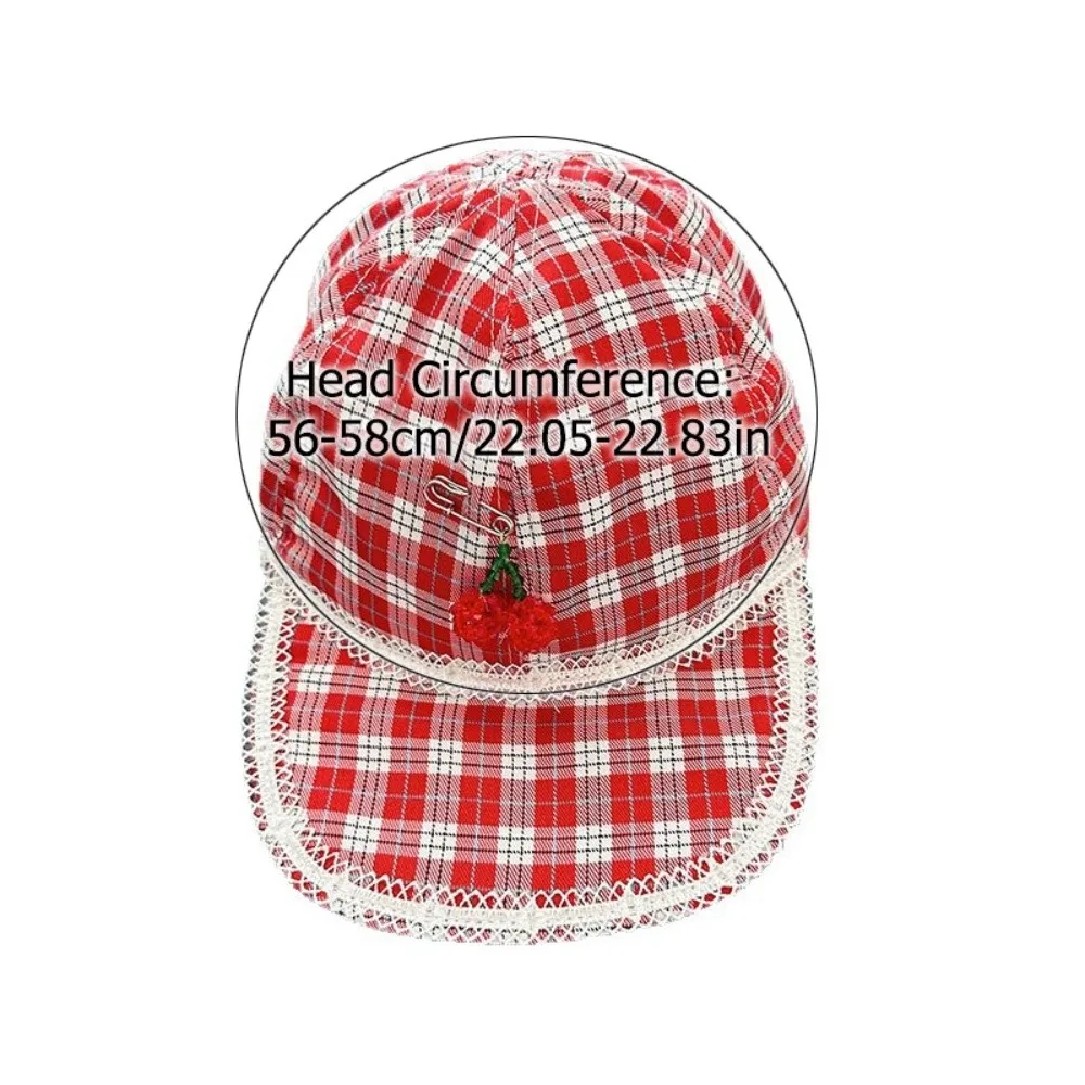 Protezione solare creativa Cherry Pin Cap Cotton Sweet Red Plaid Hat Peaked Cute Lace Berretto da baseball per ragazze