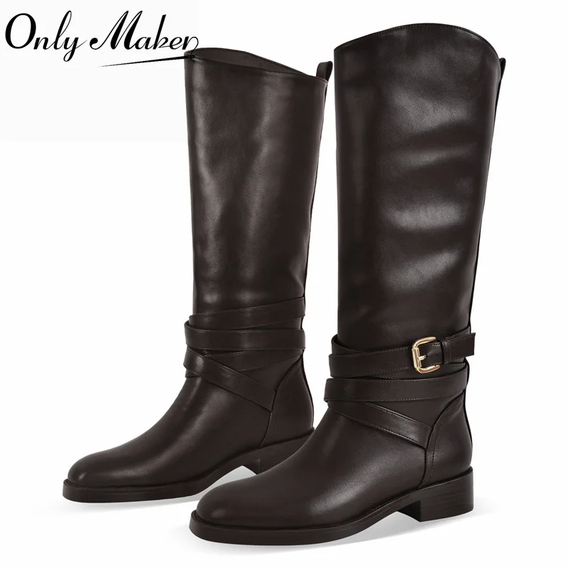 Onlymaker Women Round Toe Spliced Knee High Riding Boots Faux Suede Cross Strap Buckle Low Block Heel Casual Slip On Long Boots