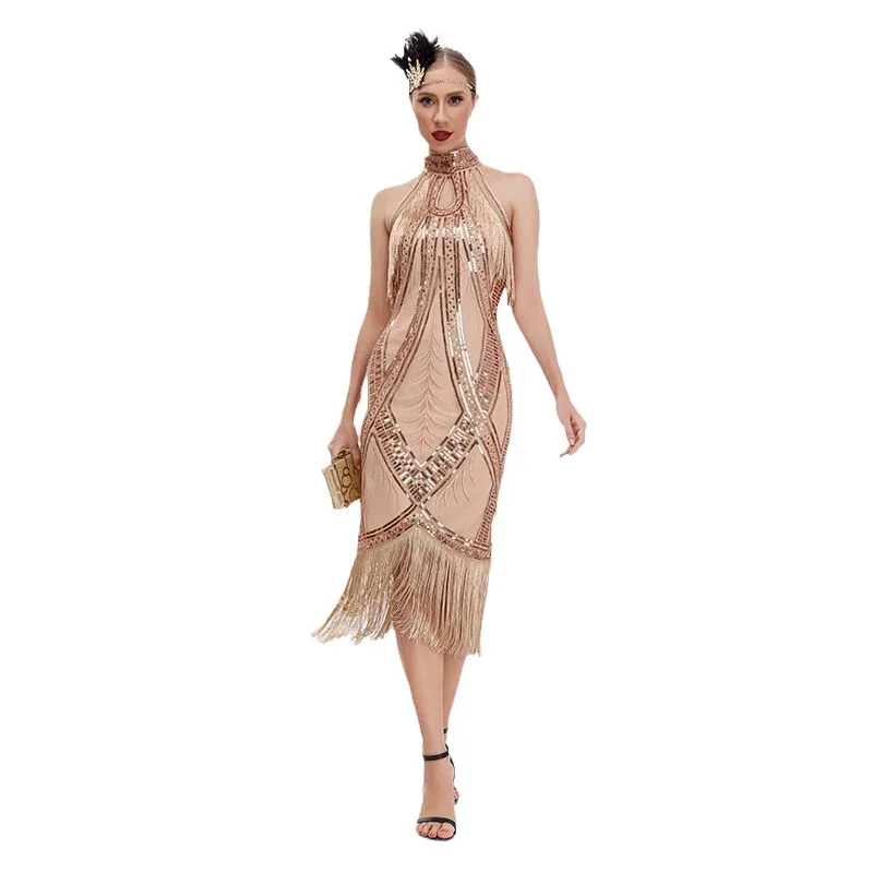 Feminino vintage 1920 grande gatsby festa flapper vestido pendurado pescoço colarinho sem mangas borlas lantejoulas vestidos de noite senhora vestido
