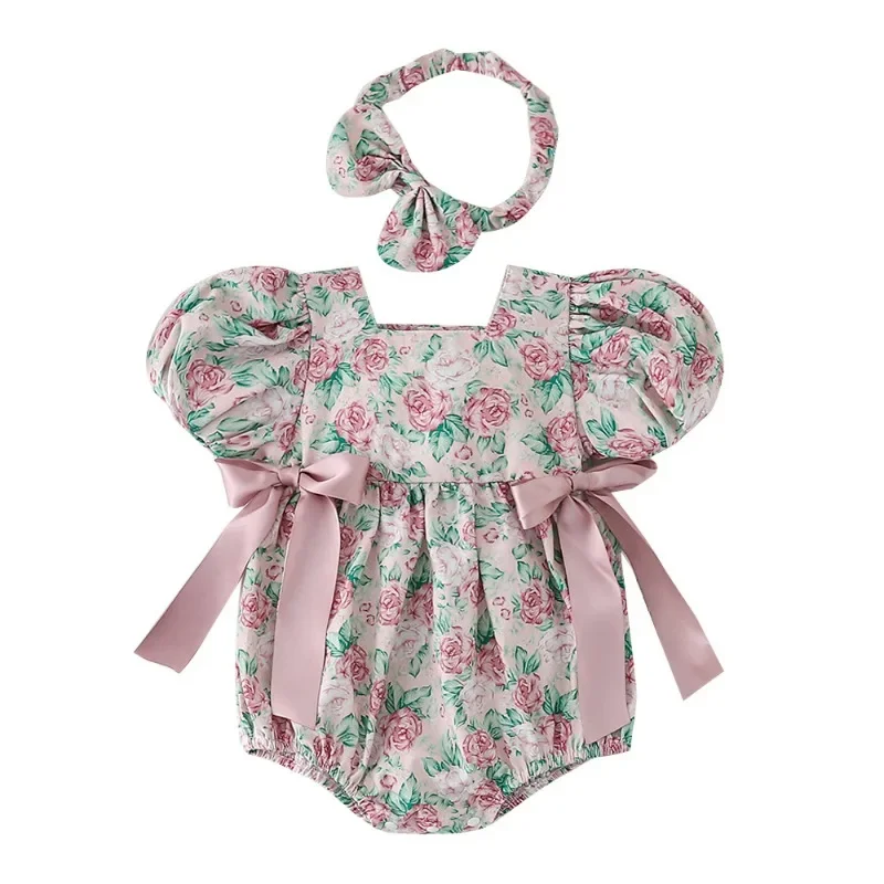 New Summer Family Matching Outfits Short Puff Sleeves Bodysuit+Floral Square Collar Princess Dress Twins Girl Clothes H4408