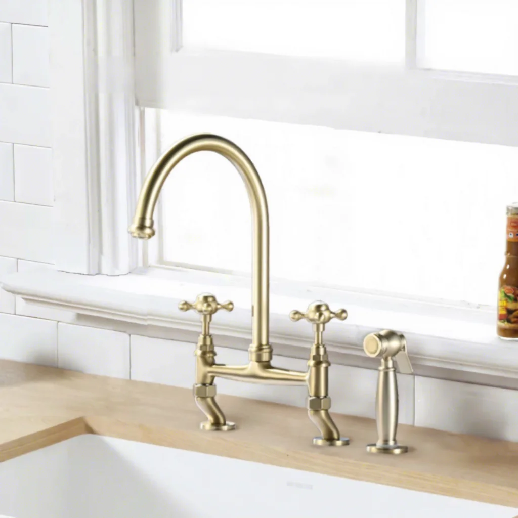 

French All Brass Bridge Brushed Gold Kitchen Faucet Hot Cold Double-hole Rotatable Sink Faucet with Sprayer Unlacquered Brass