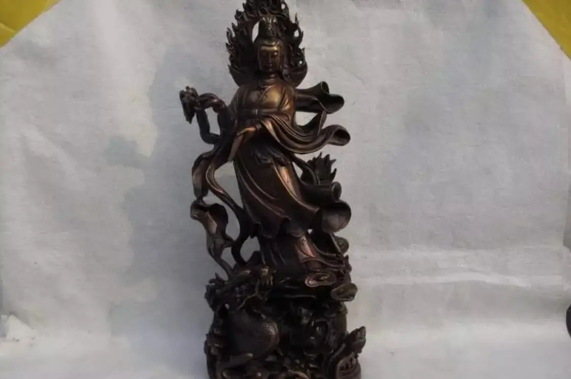 China Pure Red Bronze Copper Kwan-Yin GuanYin Bodhisattva Stand on Dragon Statue